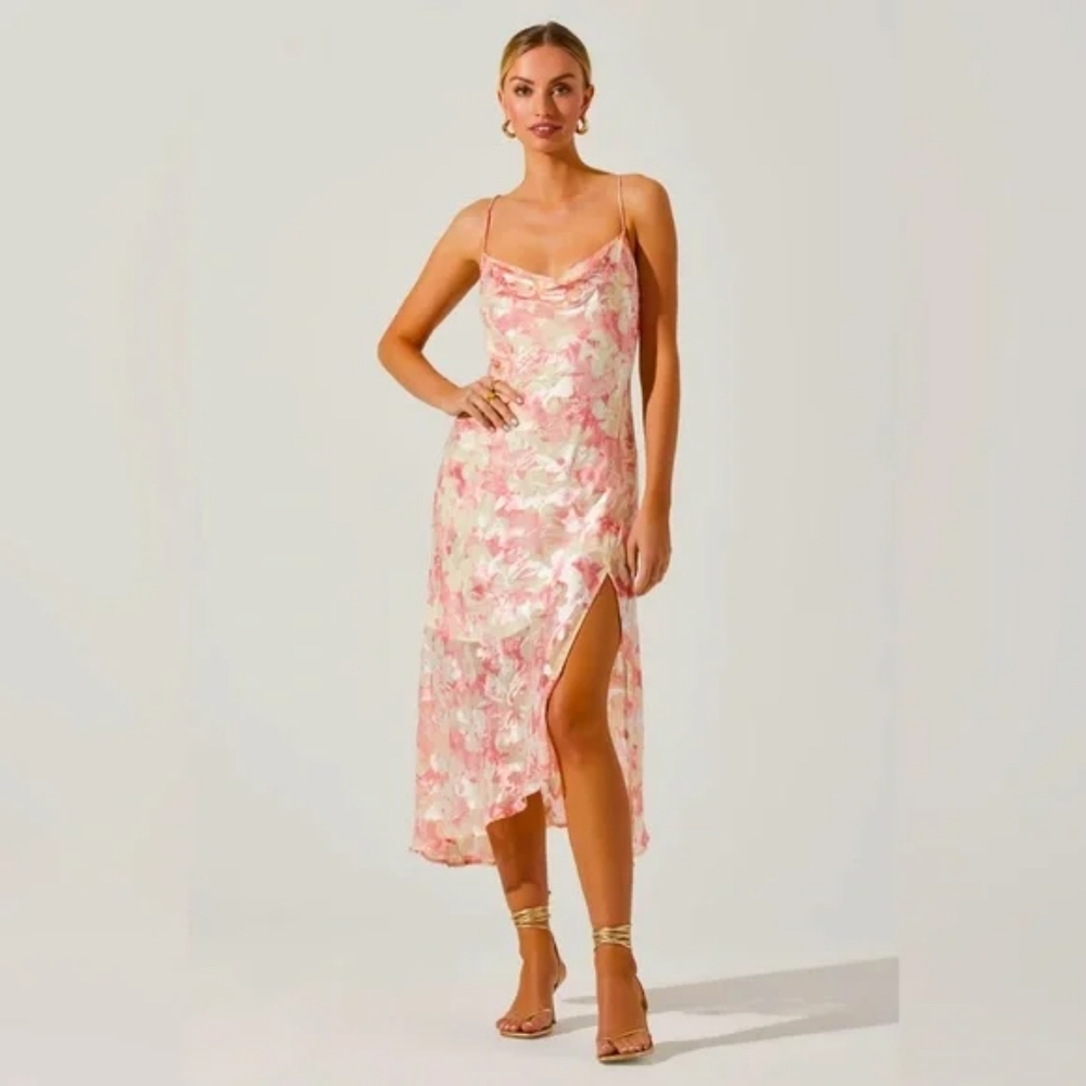 Astr Pink and White Gaia Slip Dress with Slit